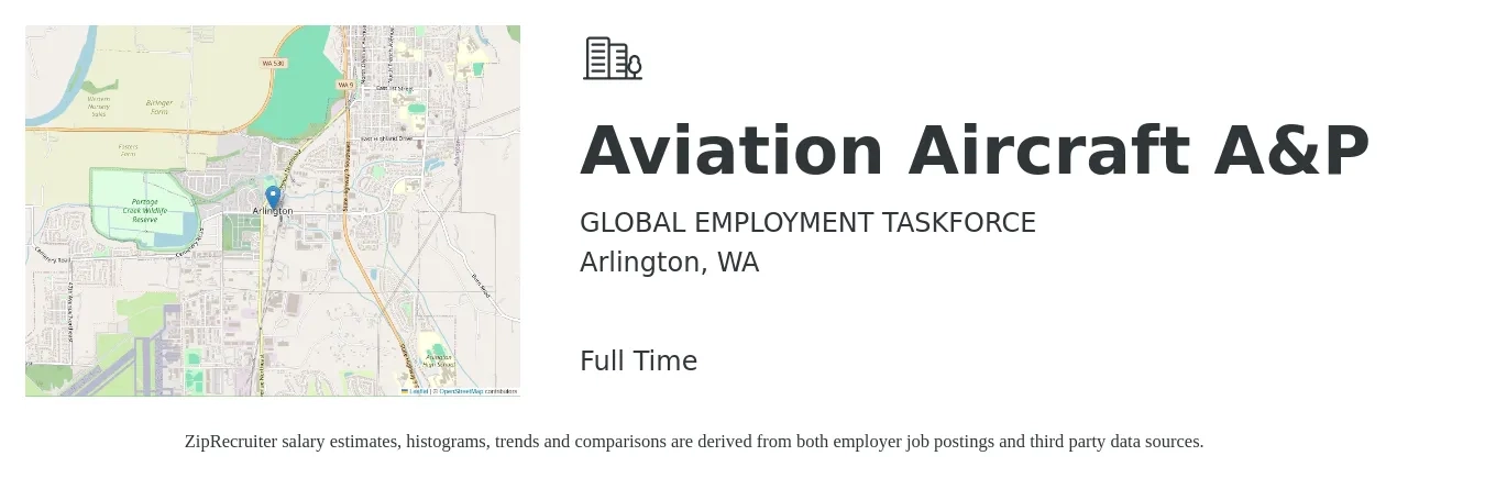GLOBAL EMPLOYMENT TASKFORCE job posting for a Aviation Aircraft A&P in Arlington, WA with a salary of $32 Hourly with a map of Arlington location.
