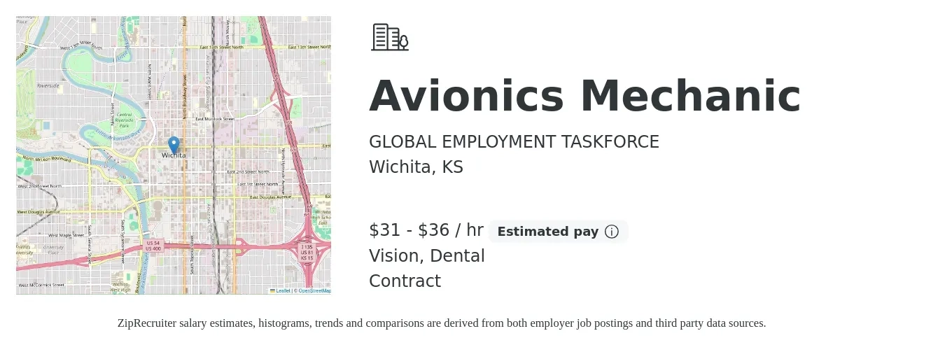 GLOBAL EMPLOYMENT TASKFORCE job posting for a Avionics Mechanic in Wichita, KS with a salary of $33 to $38 Hourly and benefits including vision, and dental with a map of Wichita location.