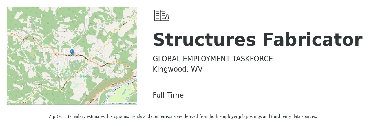 GLOBAL EMPLOYMENT TASKFORCE job posting for a Structures Fabricator in Kingwood, WV with a salary of $16 to $21 Hourly with a map of Kingwood location.