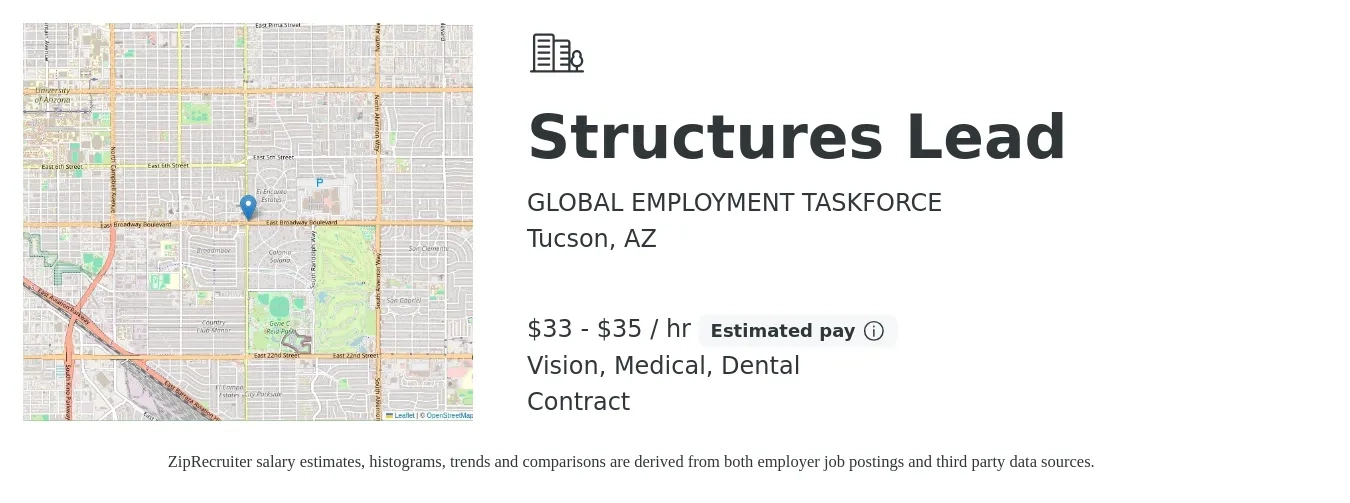 GLOBAL EMPLOYMENT TASKFORCE job posting for a Structures Lead in Tucson, AZ with a salary of $35 to $37 Hourly and benefits including medical, pto, vision, dental, and life_insurance with a map of Tucson location.