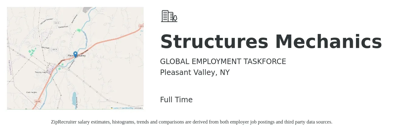 GLOBAL EMPLOYMENT TASKFORCE job posting for a Structures Mechanics in Pleasant Valley, NY with a salary of $29 to $42 Hourly with a map of Pleasant Valley location.