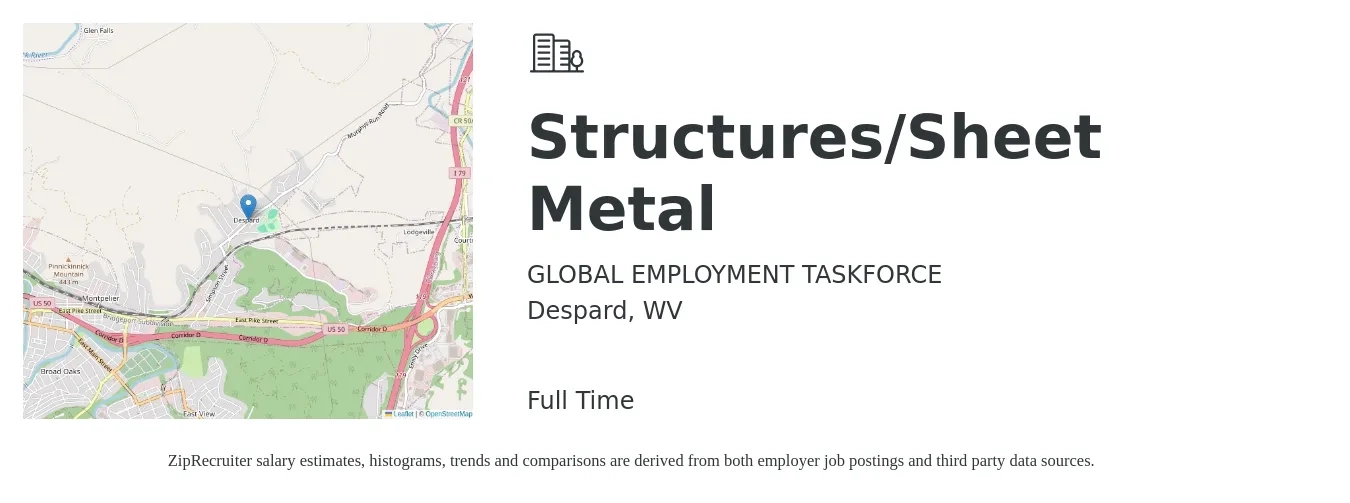 GLOBAL EMPLOYMENT TASKFORCE job posting for a Structures/Sheet Metal in Despard, WV with a salary of $24 to $30 Hourly with a map of Despard location.