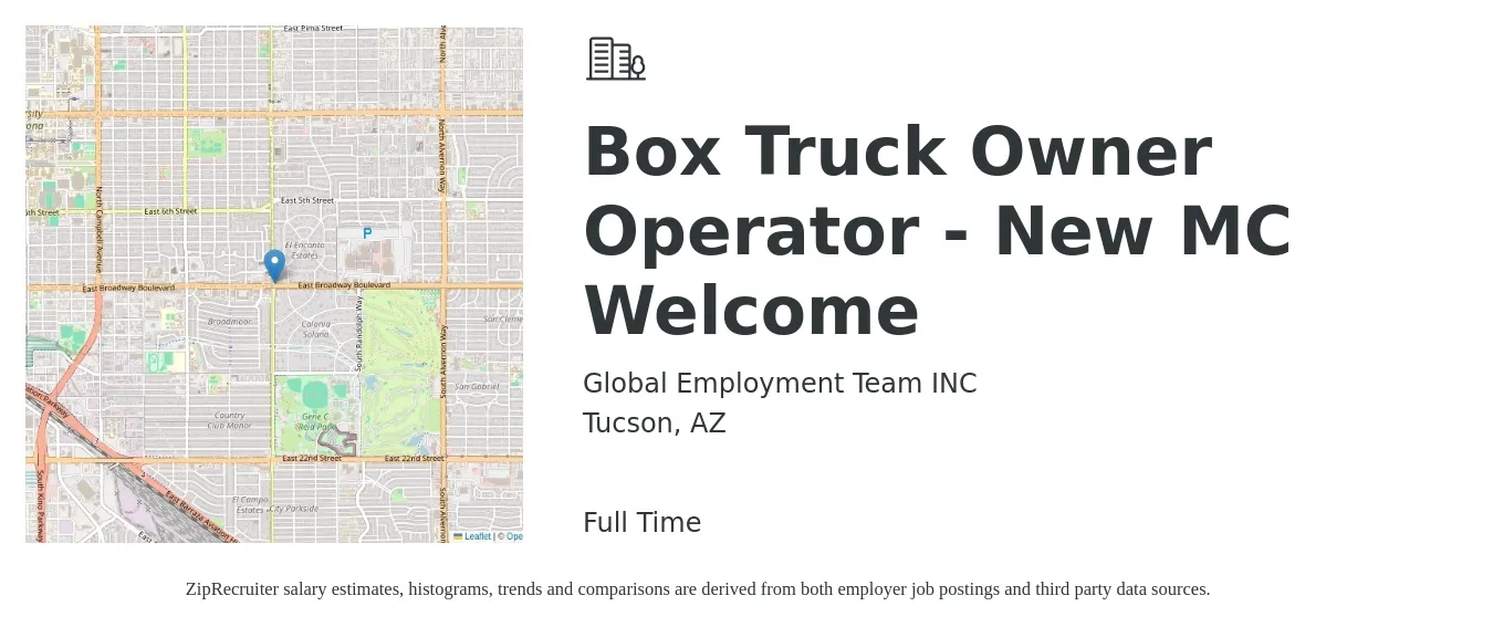 Global Employment Team INC job posting for a Box Truck Owner Operator - New MC Welcome in Tucson, AZ with a salary of $5,500 to $7,500 Weekly with a map of Tucson location.