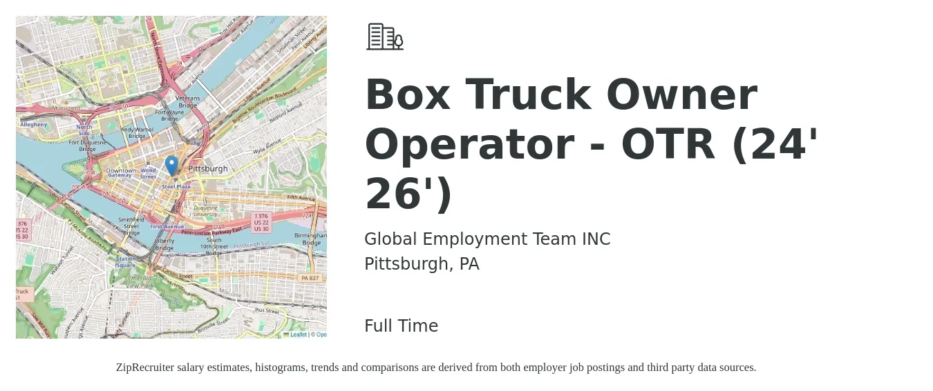 Global Employment Team INC job posting for a Box Truck Owner Operator - OTR (24' 26') in Pittsburgh, PA with a salary of $145,600 to $302,900 Yearly with a map of Pittsburgh location.