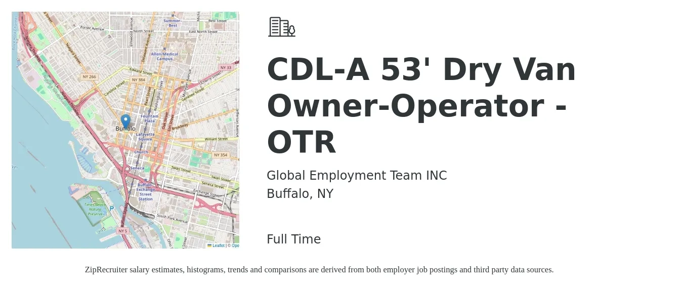Global Employment Team INC job posting for a CDL-A 53' Dry Van Owner-Operator - OTR in Buffalo, NY with a salary of $7,000 to $9,000 Weekly with a map of Buffalo location.