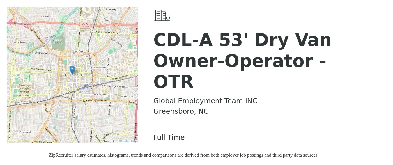 Global Employment Team INC job posting for a CDL-A 53' Dry Van Owner-Operator - OTR in Greensboro, NC with a salary of $7,000 to $9,000 Weekly with a map of Greensboro location.