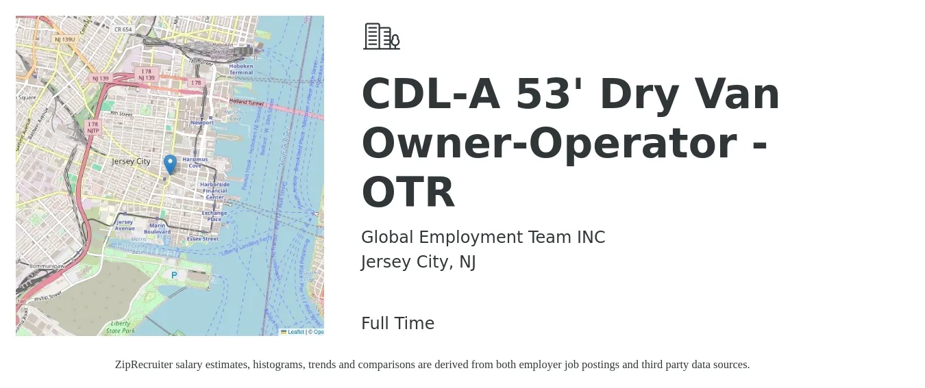 Global Employment Team INC job posting for a CDL-A 53' Dry Van Owner-Operator - OTR in Jersey City, NJ with a salary of $7,000 to $9,000 Weekly with a map of Jersey City location.