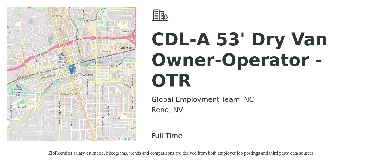 Global Employment Team INC job posting for a CDL-A 53' Dry Van Owner-Operator - OTR in Reno, NV with a salary of $7,000 to $9,000 Weekly with a map of Reno location.