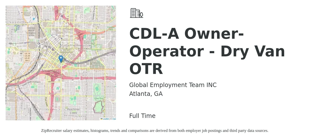 Global Employment Team INC job posting for a CDL-A Owner-Operator - Dry Van OTR in Atlanta, GA with a salary of $9,000 to $14,000 Weekly with a map of Atlanta location.