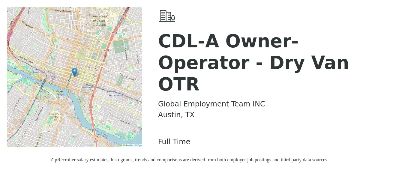 Global Employment Team INC job posting for a CDL-A Owner-Operator - Dry Van OTR in Austin, TX with a salary of $9,000 to $14,000 Weekly with a map of Austin location.
