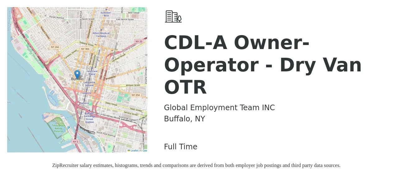 Global Employment Team INC job posting for a CDL-A Owner-Operator - Dry Van OTR in Buffalo, NY with a salary of $9,000 to $14,000 Weekly with a map of Buffalo location.