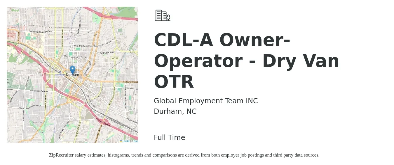 Global Employment Team INC job posting for a CDL-A Owner-Operator - Dry Van OTR in Durham, NC with a salary of $9,000 to $14,000 Weekly with a map of Durham location.