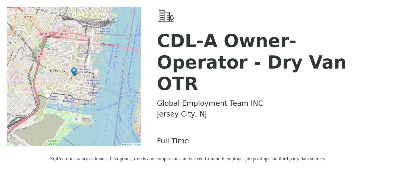 Global Employment Team INC job posting for a CDL-A Owner-Operator - Dry Van OTR in Jersey City, NJ with a salary of $9,000 to $14,000 Weekly with a map of Jersey City location.