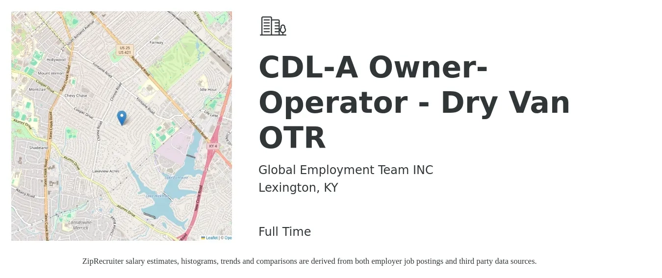 Global Employment Team INC job posting for a CDL-A Owner-Operator - Dry Van OTR in Lexington, KY with a salary of $9,000 to $14,000 Weekly with a map of Lexington location.