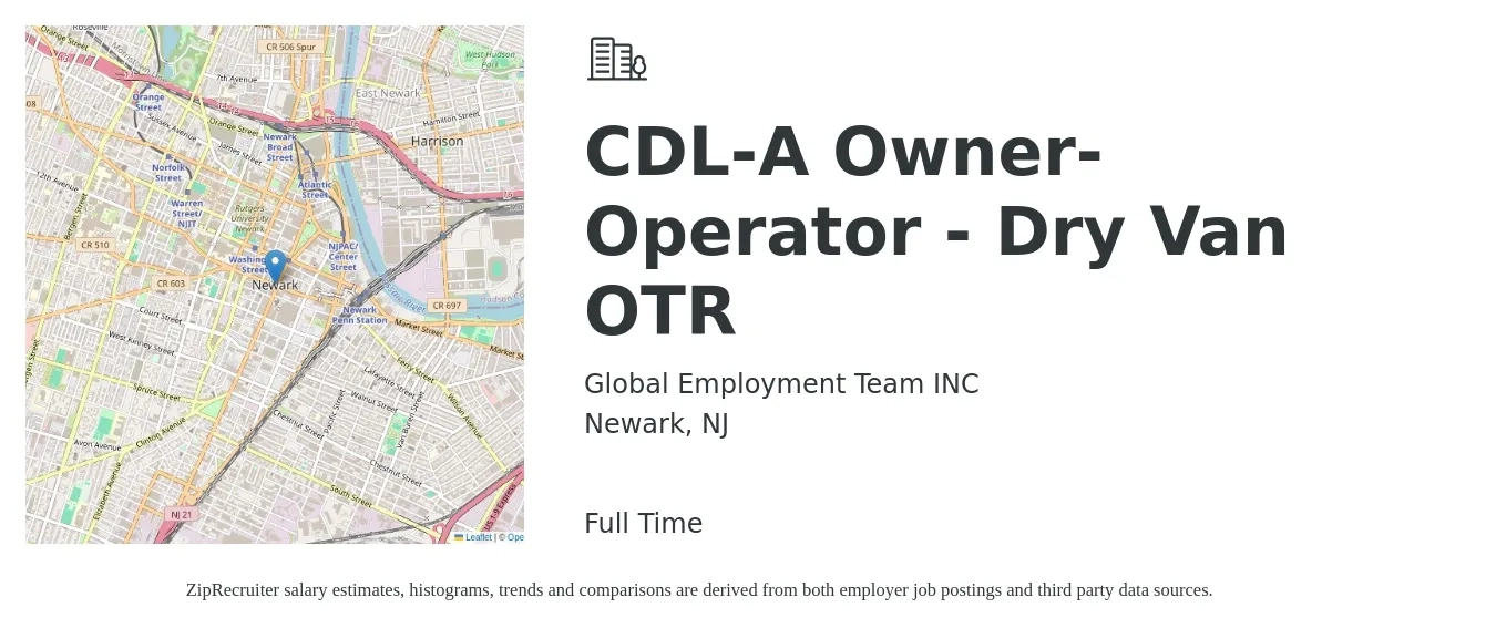 Global Employment Team INC job posting for a CDL-A Owner-Operator - Dry Van OTR in Newark, NJ with a salary of $9,000 to $14,000 Weekly with a map of Newark location.