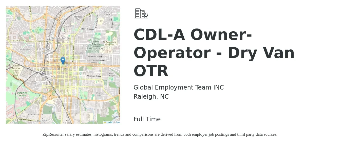 Global Employment Team INC job posting for a CDL-A Owner-Operator - Dry Van OTR in Raleigh, NC with a salary of $9,000 to $14,000 Weekly with a map of Raleigh location.