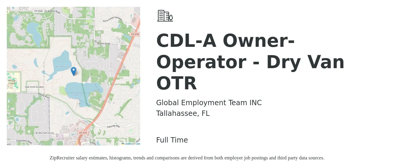 Global Employment Team INC job posting for a CDL-A Owner-Operator - Dry Van OTR in Tallahassee, FL with a salary of $9,000 to $14,000 Weekly with a map of Tallahassee location.
