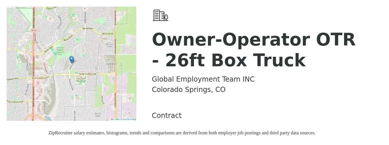Global Employment Team INC job posting for a Owner-Operator OTR - 26ft Box Truck in Colorado Springs, CO with a salary of $2,800 to $3,500 Weekly with a map of Colorado Springs location.