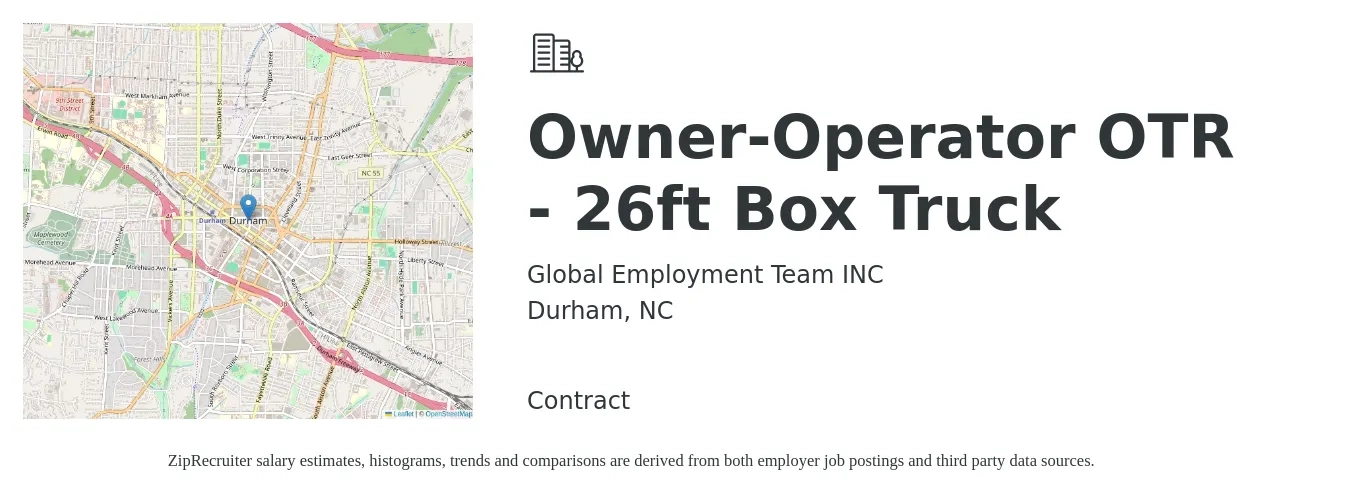 Global Employment Team INC job posting for a Owner-Operator OTR - 26ft Box Truck in Durham, NC with a salary of $2,800 to $3,500 Weekly with a map of Durham location.