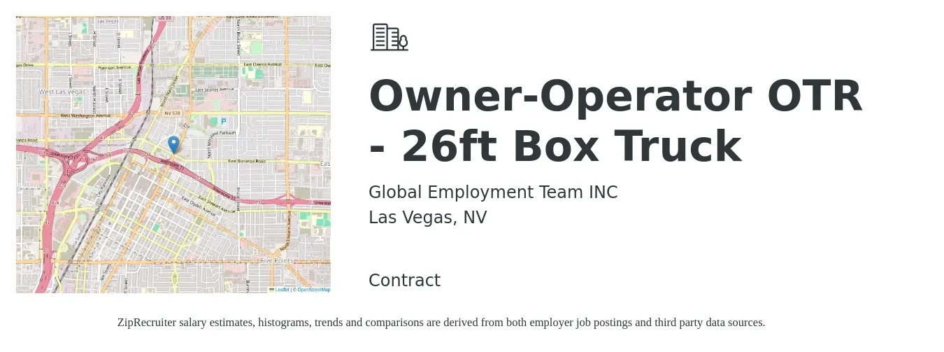 Global Employment Team INC job posting for a Owner-Operator OTR - 26ft Box Truck in Las Vegas, NV with a salary of $2,800 to $3,500 Weekly with a map of Las Vegas location.