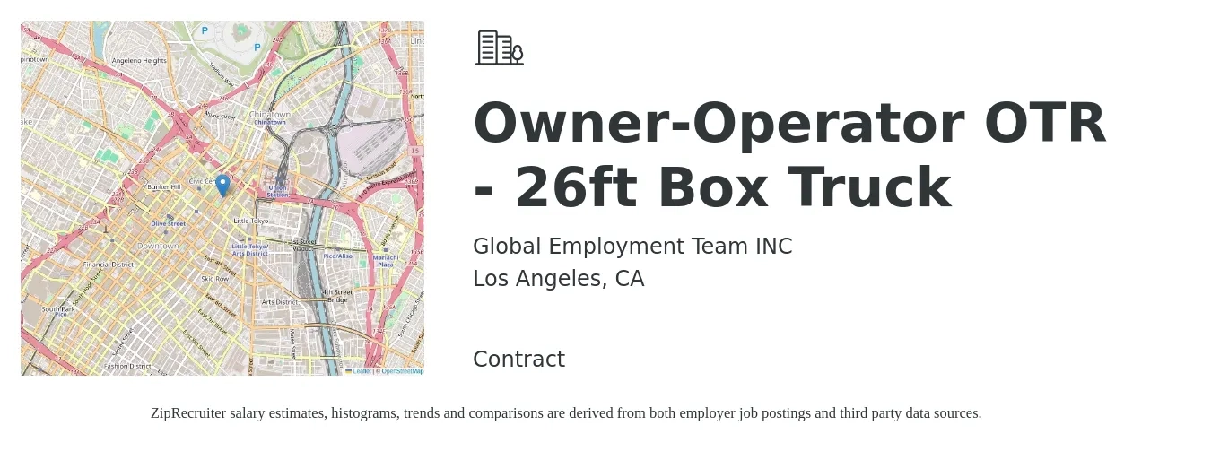 Global Employment Team INC job posting for a Owner-Operator OTR - 26ft Box Truck in Los Angeles, CA with a salary of $2,800 to $3,500 Weekly with a map of Los Angeles location.