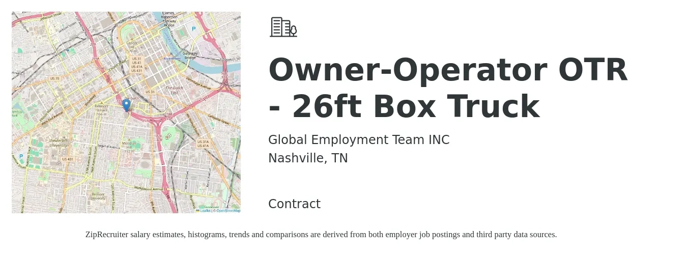 Global Employment Team INC job posting for a Owner-Operator OTR - 26ft Box Truck in Nashville, TN with a salary of $2,800 to $3,500 Weekly with a map of Nashville location.