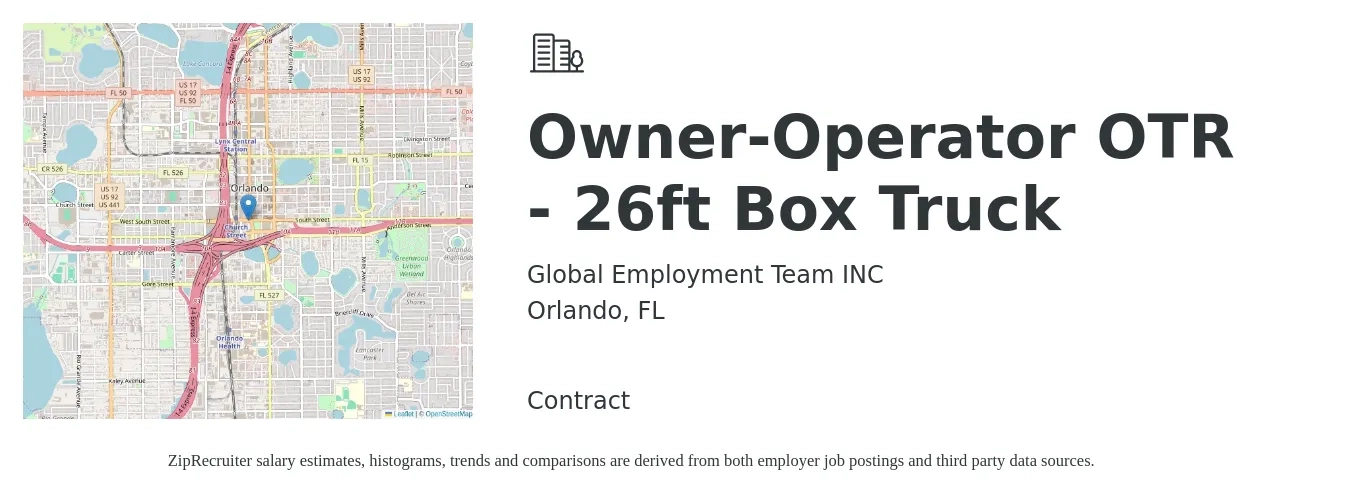 Global Employment Team INC job posting for a Owner-Operator OTR - 26ft Box Truck in Orlando, FL with a salary of $2,800 to $3,500 Weekly with a map of Orlando location.