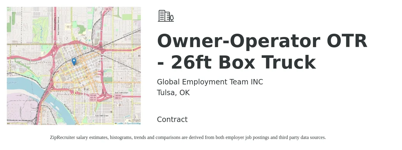 Global Employment Team INC job posting for a Owner-Operator OTR - 26ft Box Truck in Tulsa, OK with a salary of $2,800 to $3,500 Weekly with a map of Tulsa location.