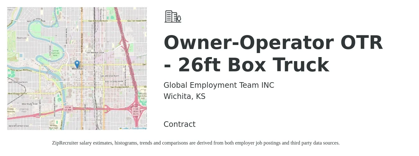 Global Employment Team INC job posting for a Owner-Operator OTR - 26ft Box Truck in Wichita, KS with a salary of $2,800 to $3,500 Weekly with a map of Wichita location.