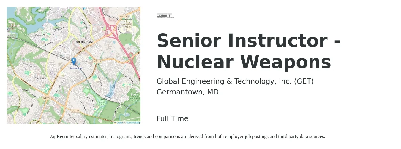 Global Engineering & Technology, Inc. (GET) job posting for a Senior Instructor - Nuclear Weapons in Germantown, MD with a map of Germantown location.