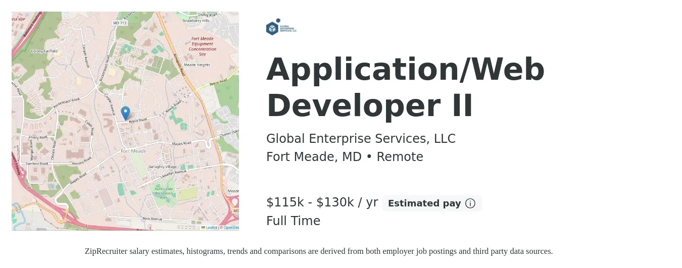 Global Enterprise Services, LLC job posting for a Application/Web Developer II in Fort Meade, MD with a salary of $115,000 to $130,000 Yearly with a map of Fort Meade location.