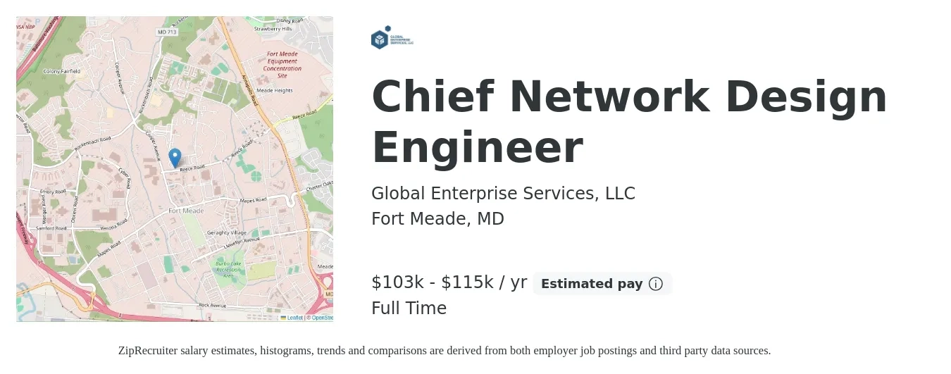Global Enterprise Services, LLC job posting for a Chief Network Design Engineer in Fort Meade, MD with a salary of $103,000 to $115,000 Yearly with a map of Fort Meade location.