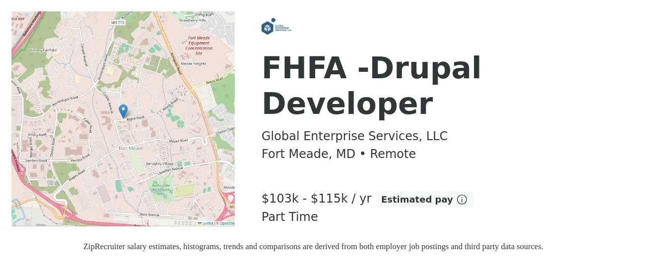 Global Enterprise Services, LLC job posting for a FHFA -Drupal Developer in Fort Meade, MD with a salary of $103,438 to $115,438 Yearly with a map of Fort Meade location.