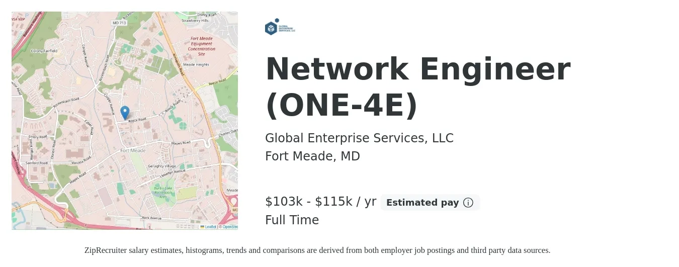 Global Enterprise Services, LLC job posting for a Network Engineer (ONE-4E) in Fort Meade, MD with a salary of $103,000 to $115,000 Yearly with a map of Fort Meade location.