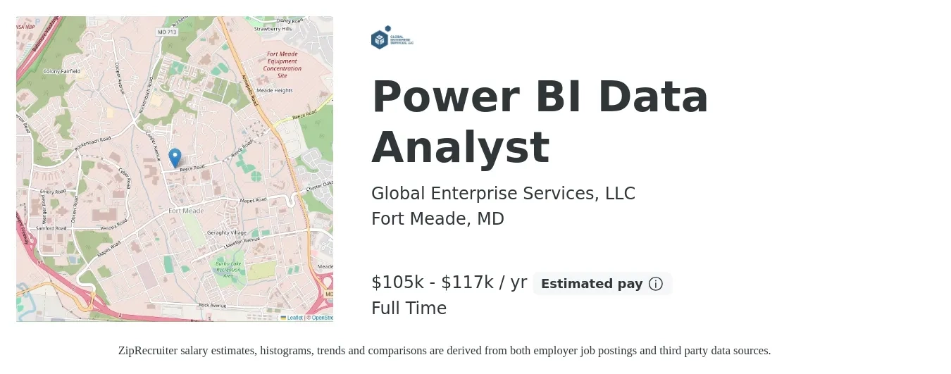 Global Enterprise Services, LLC job posting for a Power BI Data Analyst in Fort Meade, MD with a salary of $105,000 to $117,000 Yearly with a map of Fort Meade location.
