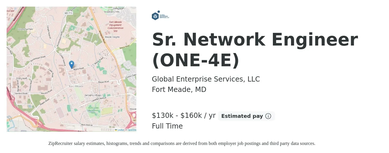 Global Enterprise Services, LLC job posting for a Sr. Network Engineer (ONE-4E) in Fort Meade, MD with a salary of $130,000 to $160,000 Yearly with a map of Fort Meade location.