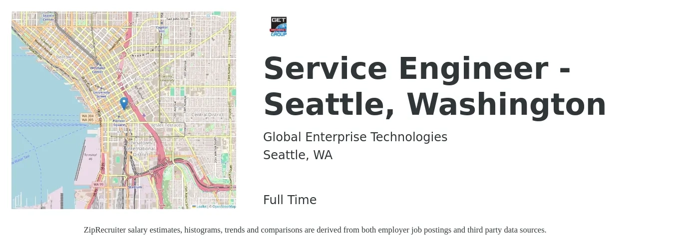 Global Enterprise Technologies job posting for a Service Engineer - Seattle, Washington in Seattle, WA with a salary of $38 to $54 Hourly with a map of Seattle location.