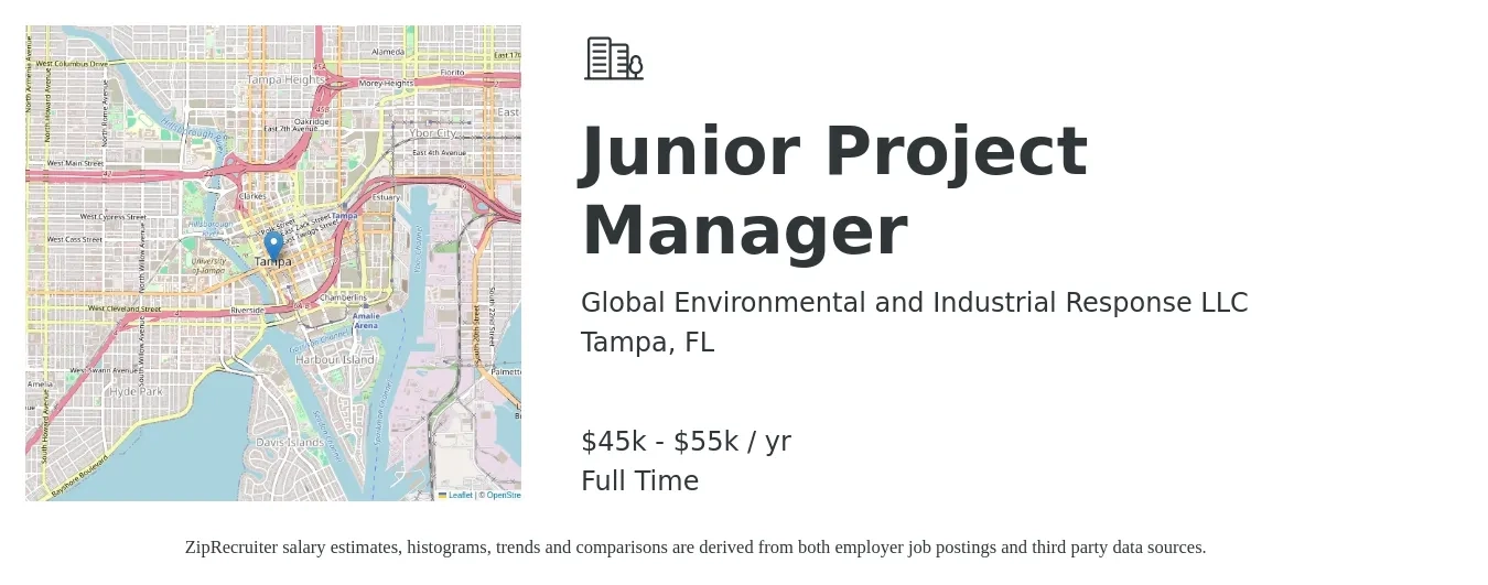 Global Environmental and Industrial Response LLC job posting for a Junior Project Manager in Tampa, FL with a salary of $45,000 to $55,000 Yearly with a map of Tampa location.