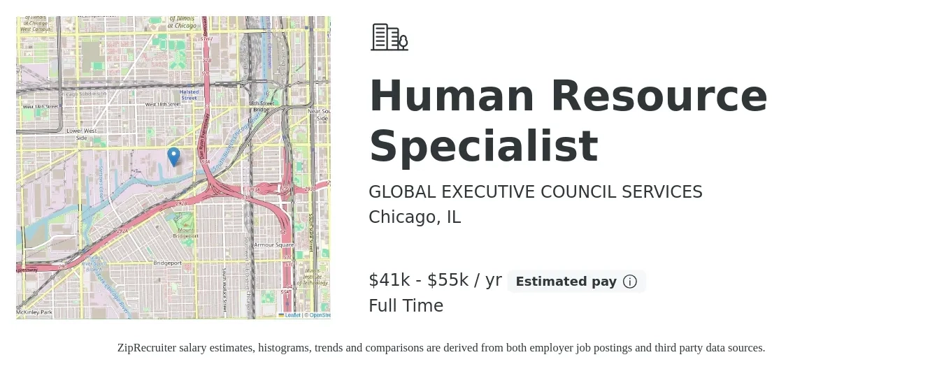 GLOBAL EXECUTIVE COUNCIL SERVICES job posting for a Human Resource Specialist in Chicago, IL with a salary of $41,000 to $55,000 Yearly with a map of Chicago location.