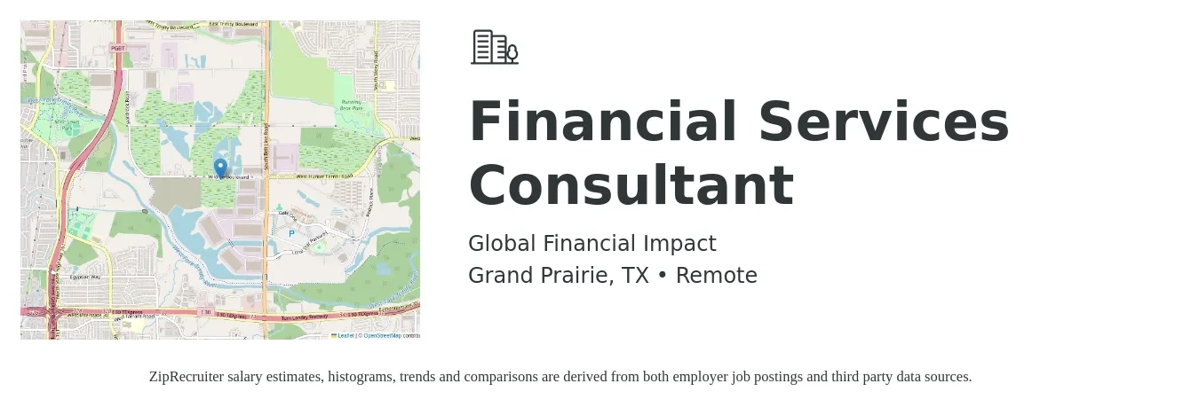 Global Financial Impact job posting for a Financial Services Consultant in Grand Prairie, TX with a salary of $37,900 to $82,500 Yearly with a map of Grand Prairie location.