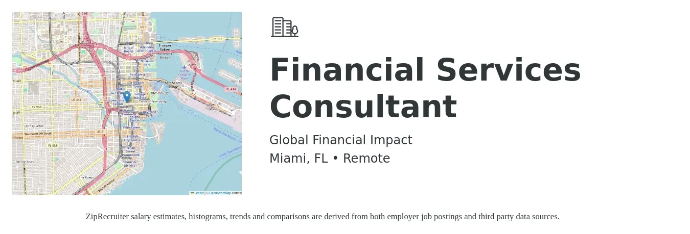 Global Financial Impact job posting for a Financial Services Consultant in Miami, FL with a salary of $38,300 to $83,200 Yearly with a map of Miami location.