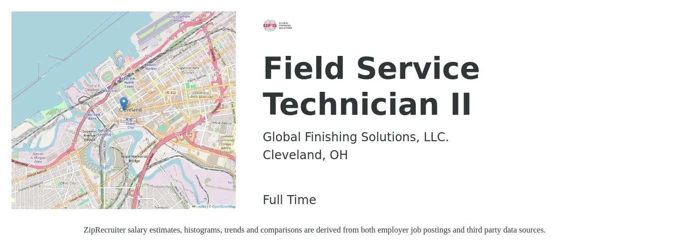 Global Finishing Solutions, LLC. job posting for a Field Service Technician II in Cleveland, OH with a salary of $19 to $29 Hourly with a map of Cleveland location.