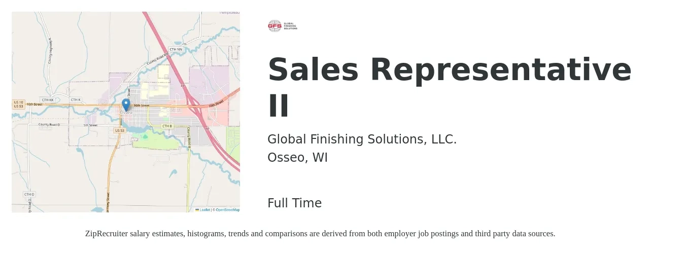 Global Finishing Solutions, LLC. job posting for a Sales Representative II in Osseo, WI with a salary of $49,900 to $86,700 Yearly with a map of Osseo location.