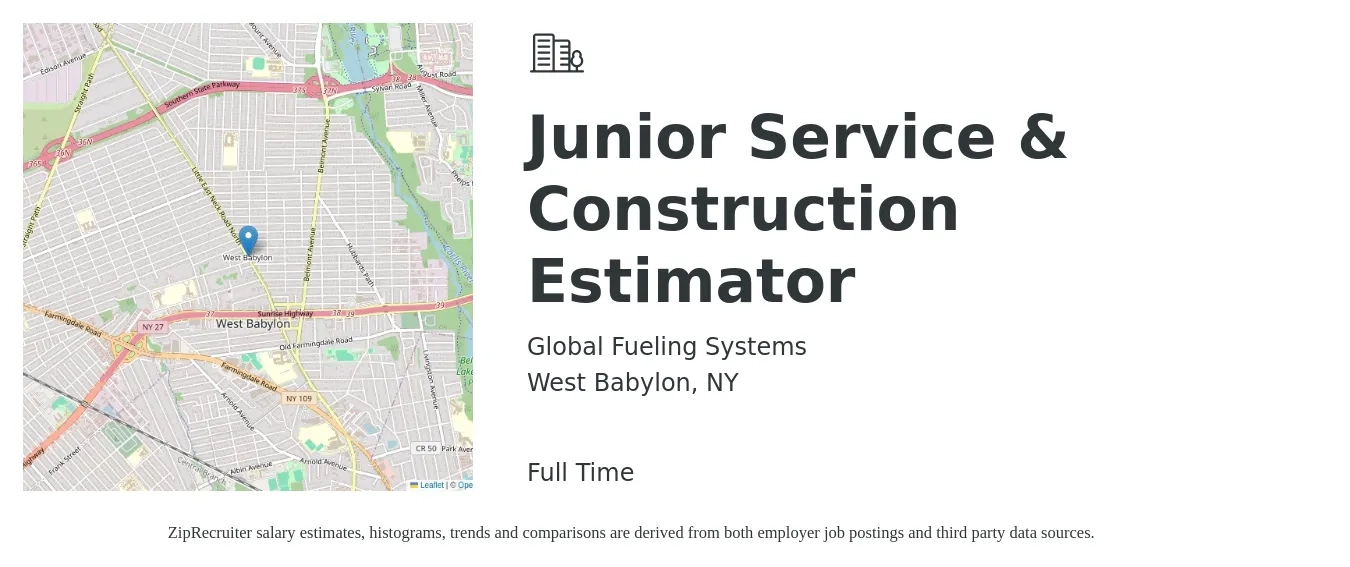 Global Fueling Systems job posting for a Junior Service & Construction Estimator in West Babylon, NY with a salary of $47,600 to $73,200 Yearly with a map of West Babylon location.