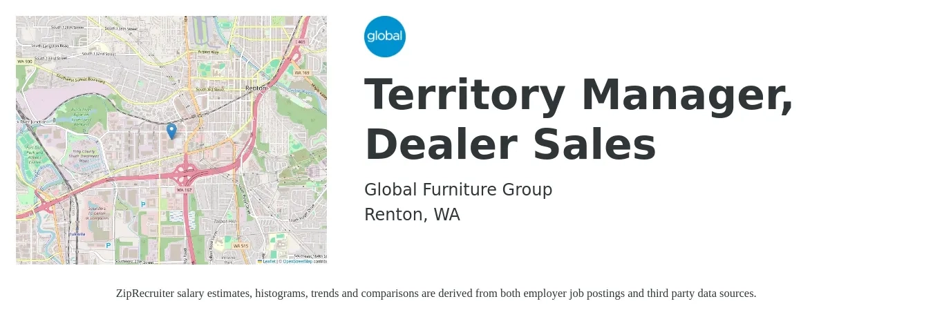 Global Furniture Group job posting for a Territory Manager, Dealer Sales in Renton, WA with a salary of $72,600 to $111,400 Yearly with a map of Renton location.