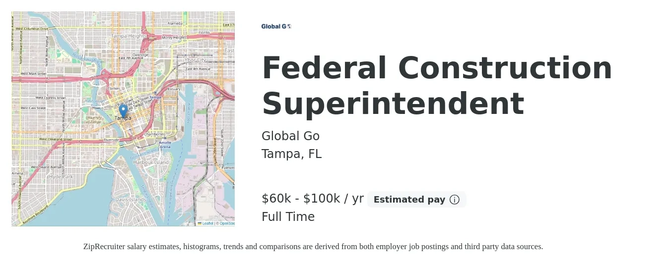 Global Go job posting for a Federal Construction Superintendent in Tampa, FL with a salary of $60,000 to $100,000 Yearly with a map of Tampa location.