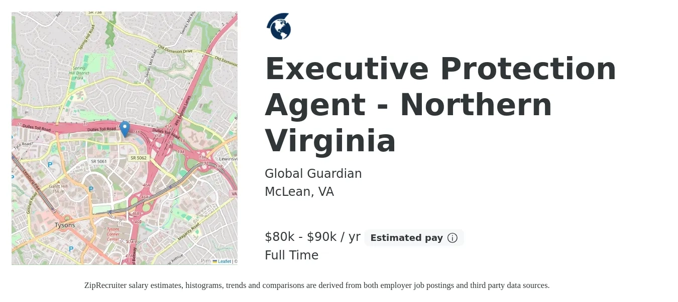 Global Guardian job posting for a Executive Protection Agent - Northern Virginia in McLean, VA with a salary of $80,000 to $90,000 Yearly with a map of McLean location.