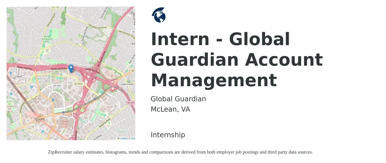 Global Guardian job posting for a Intern - Global Guardian Account Management in McLean, VA with a salary of $16 to $20 Hourly with a map of McLean location.