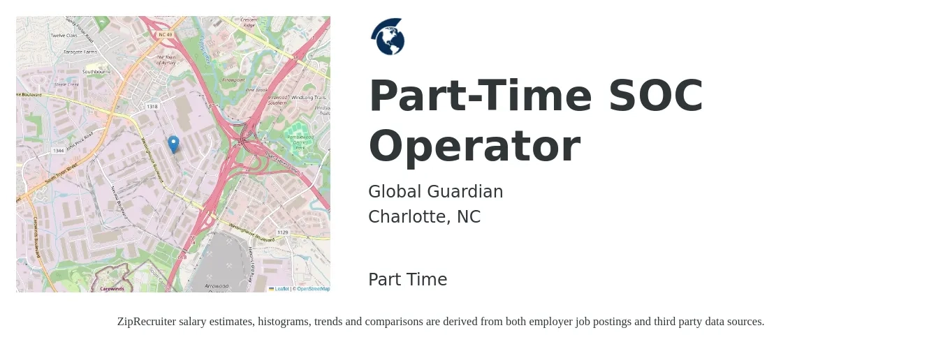 Global Guardian job posting for a Part-Time SOC Operator in Charlotte, NC with a salary of $17 to $21 Hourly with a map of Charlotte location.