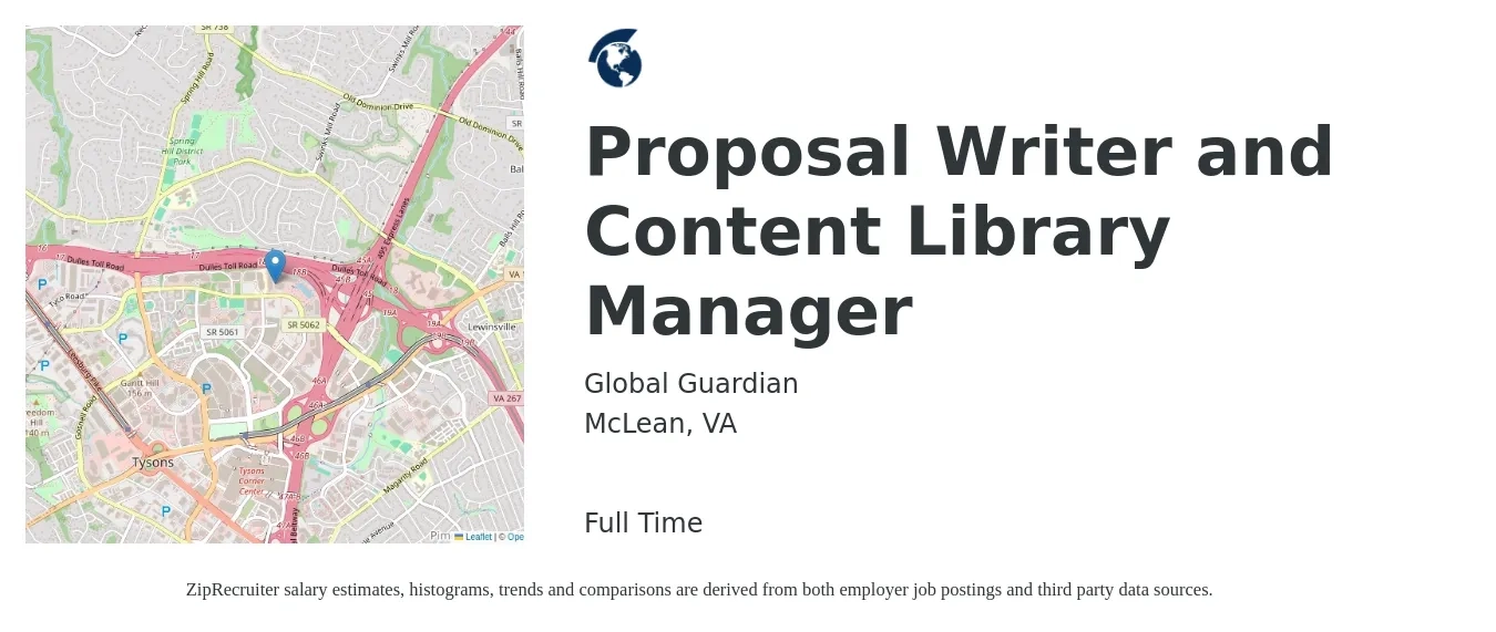 Global Guardian job posting for a Proposal Writer and Content Library Manager in McLean, VA with a salary of $82,900 to $121,800 Yearly with a map of McLean location.